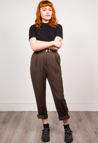 VINTAGE 90'S DARK BROWN HIGH WAIST TAPERED TROUSERS