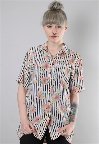 VINTAGE 90S FLORAL STRIPE PATTERNED LONG SHIRT