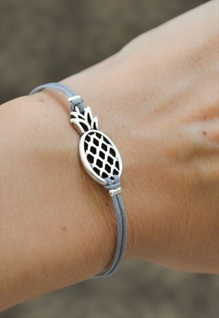 SILVER PINEAPPLE BRACELET, GRAY CORD, GIFT, TROPICAL JEWELRY