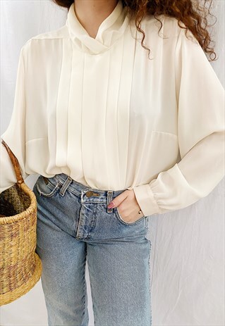 VINTAGE 80S LUXE SHEER PLEATED MUSLIN TURTLENECK BLOUSE TOP