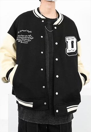 BLACK EMBROIDERED OVERSIZED BASEBALL VARSITY JACKET 