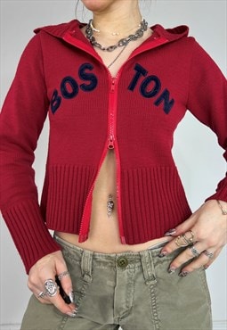 Vintage Y2k Knit Jumper Hoodie Cardigan Double Zip Boston