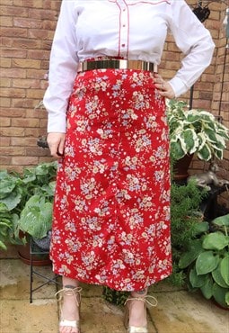 Vintage 90s Red Cottage Floral Flower Festival Maxi Skirt