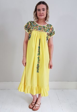 VINTAGE 70'S YELLOW EMBROIDERED COTTON MEXICAN DRESS