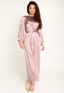 Pink Tie Front Wrap Puff Sleeve Abaya Maxi Dress
