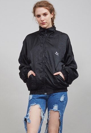 VINTAGE 80'S BLACK FLORAL PATTERN PUMA SPORTS JACKET