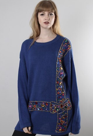 VINTAGE 80S BLUE OVERSIZE BEADED CHRISTMAS JUMPER