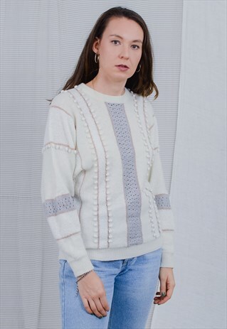 DAWILL SWEATER VINTAGE 90S CREAM PULLOVER WHITE POMPONS M