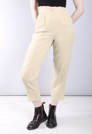 VINTAGE 60S BEIGE TEXTURED PLEAT FRONT CROPPED TROUSERS