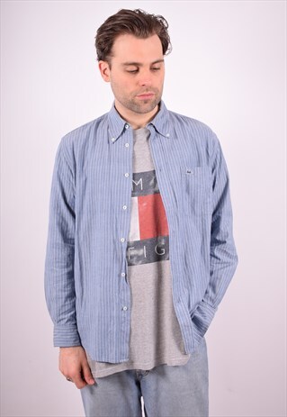 ROBE DI KAPPA MENS VINTAGE SHIRT MEDIUM BLUE STRIPES 90S