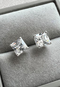 Square Rhodium Plated CZ Classic Studs 925 Sterling Silver
