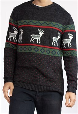 Vintage Jumper Christmas dear Red nose in Grey L
