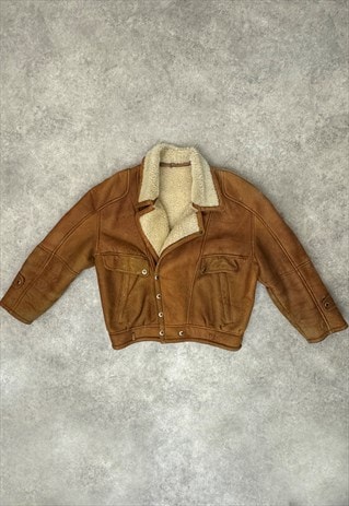 VTG 70S BROWN SHEEPSKIN SHEARLING WINTER AVIATOR JACKET COAT