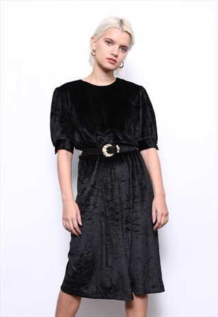 VINTAGE 80S BLACK VELVET PEARL EMBELLISHED PARTY DRESS