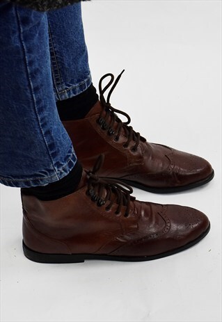 VINTAGE BROGUE BROWN LEATHER ANKLE BOOTS- UK 7.5