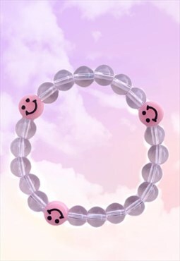 Smiley Face - Clear Pink Chalcedony Beaded Gemstone Bracelet
