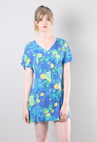 VINTAGE 80S BLUE FLORAL PATTERN BUTTON SUMMER DRESS