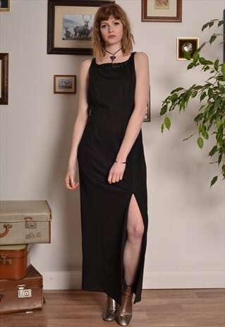 VINTAGE 80S SEQUIN NECKLINE MAXI DRESS IN BLACK