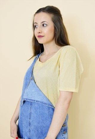 VINTAGE 90S PALE YELLOW CHECKED PATTERNED BODYSUIT