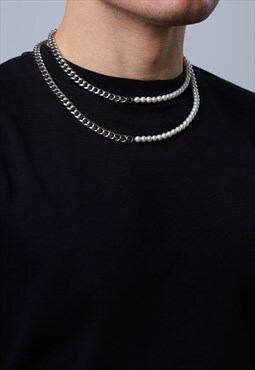 Half Pearl Half Silver Cuban Necklace, Freshwater Pearl