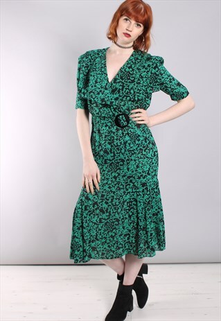 VINTAGE 80S CHIFFON PATTERNED BELTED WRAP DRESS