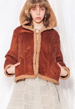 Vintage Shearling Coat Y2K Hooded Faux Suede Jacket in Brown