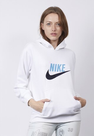 VINTAGE 90'S NIKE BLUE LOGO WHITE HOODIE