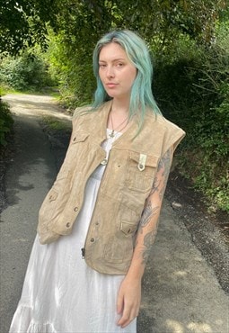 Vintage 90s Suede Leather Utility Waistcoat Jacket