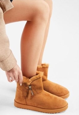 justyouroutfit Camel Faux Fur Lined Zip Ankle Boots