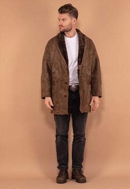 Vintage 80's Men Sheepskin Suede Coat in Brown