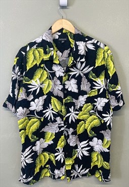 Vintage Hawaiian Shirt Multicolour With Leaf Patterns