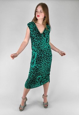 80's Vintage Green Animal Print Black Glitter Slinky Dress