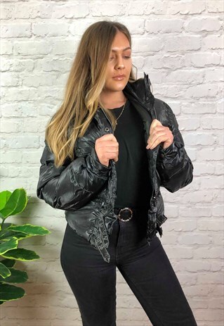 VINTAGE 90S BELSTAFF CROPPED PUFFER COAT SHINY BLACK UK 8