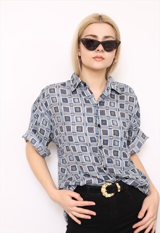 VINTAGE 90S BLUE PRINT OVERSIZED SILK SHIRT