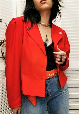 VINTAGE 80S RED PUFF SLEEVE BUTTON DOWN BLAZER JACKET