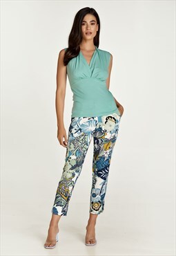 Floral Cotton Pants in Blue and Green Shades