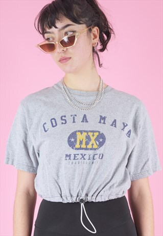 VINTAGE REWORKED CROP TOP IN GREY WITH COSTA MAYA PRINT