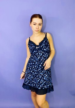 Vintage 90s Blue Floral Lace Trim Slip Dress