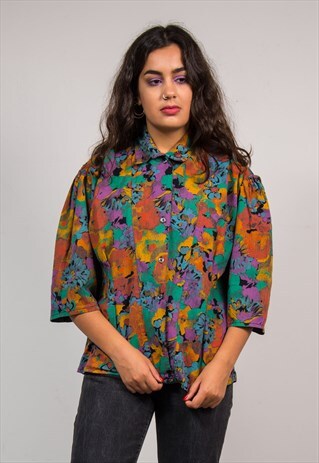 90'S RETRO MULTICOLOUR PATTERNED SHORT SLEEVE SHIRT BLOUSE
