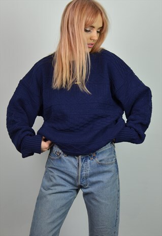 VINTAGE 90S NAVY BLUE SLOUCHY OVERSIZE KNITTED JUMPER