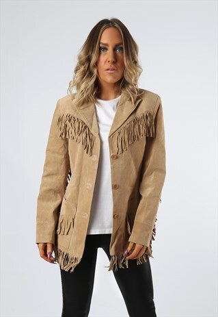 SUEDE LEATHER FRINGE TASSEL JACKET VINTAGE UK 10 (FBDI)