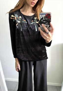 80s Black Velvet Loose Blouse - Large 