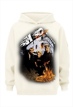 Y2K print hoodie flame pullover retro punk jumper in cream