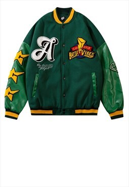 Green oversized Varsity Embroidered baseball jacket Y2k