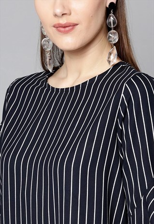 RUFFLED SLEEVES STRIPES TOP IN NAVY BLUE