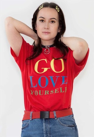 GO LOVE YOURSELF RED SHORT SLEEVE SLOGAN PRINT T SHIRT