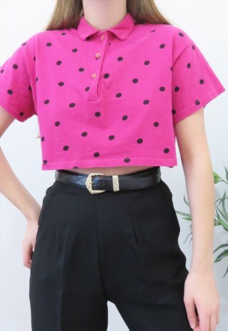 RETRO 90S VINTAGE PINK & BLACK POLKA DOT CROP TOP