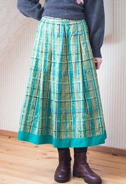 Bright green checked and floral A line midi vintage skirt