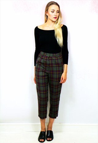 1980S VINTAGE GREEN AND PURPLE CHECK HIGH WAIST TROUSERS
