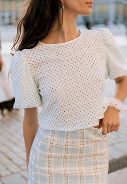 Baby Blue Crochet Style Puff Sleeve Blouse